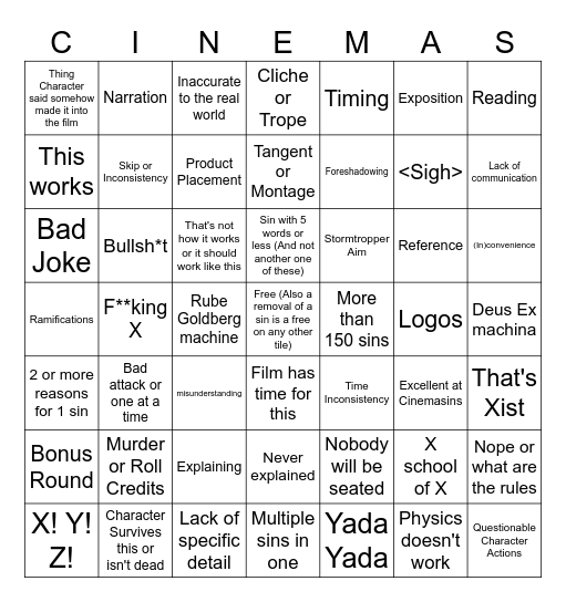 Cinemasins Bingo Card