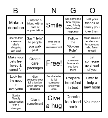 Random Acts of Kindness Bingo Card