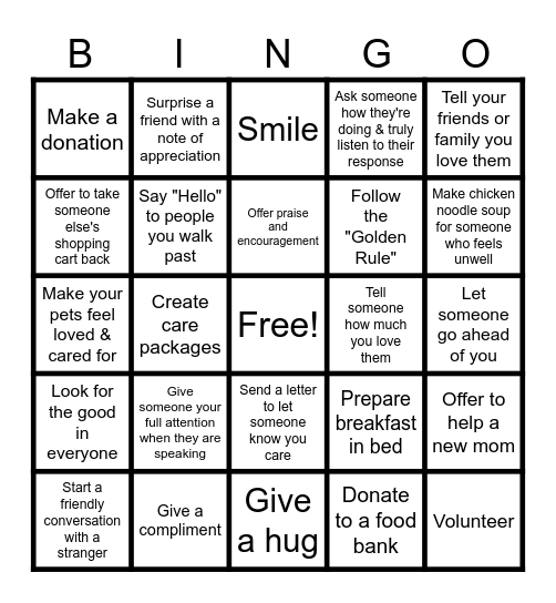 Random Acts of Kindness Bingo Card