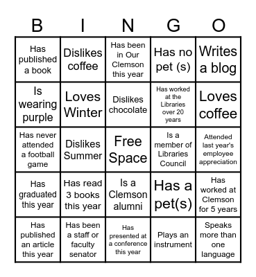 Clemson University Libraries Networking Bingo Card