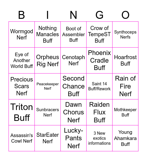 Bingo Nerf Exotic Armor Bingo Card