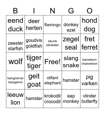 Animals in dutch Bingo Card