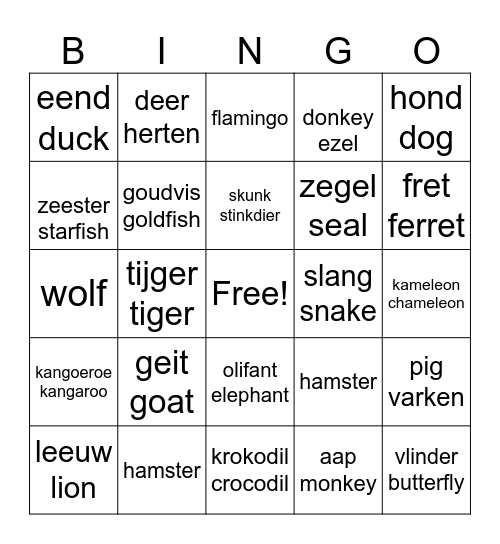 Animals in dutch Bingo Card