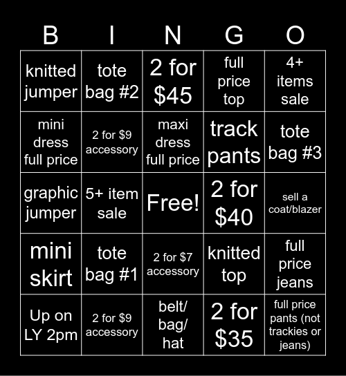 Ally UPSELL bingo Card