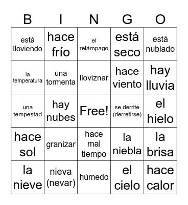 Sem. 2 Unit 8 -- El Tiempo (Weather) Bingo Card