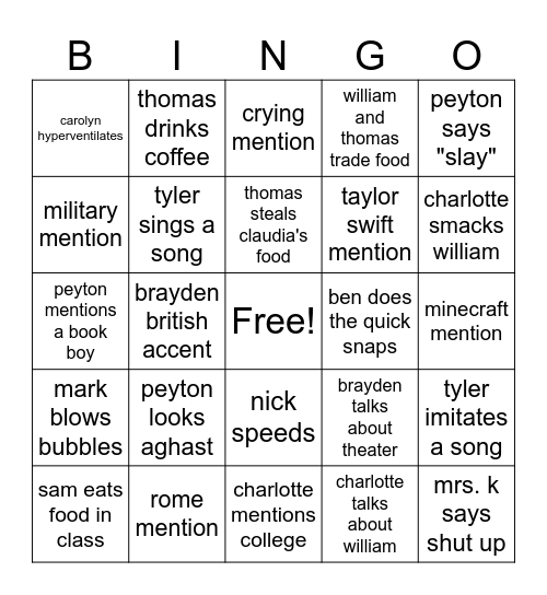 cool kids bingo Card