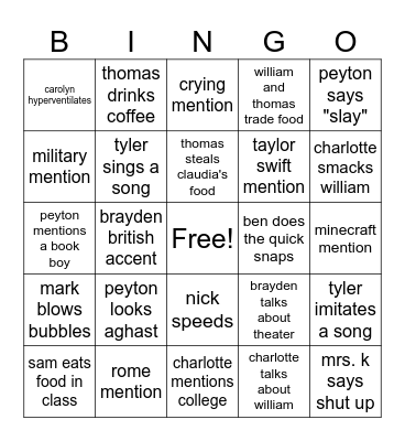 cool kids bingo Card