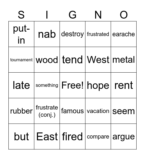 Lesson 16 Bingo Card