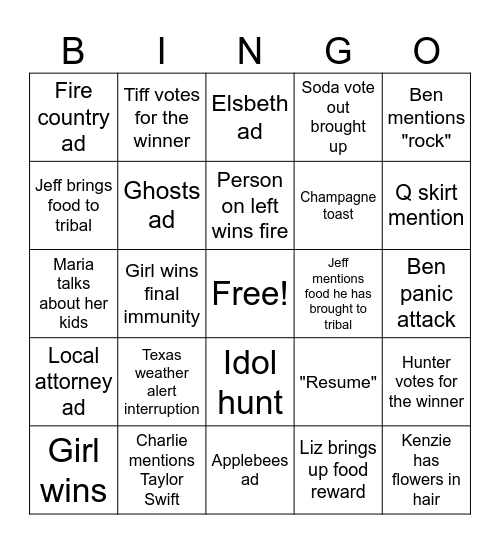 Survivor Bingo Card