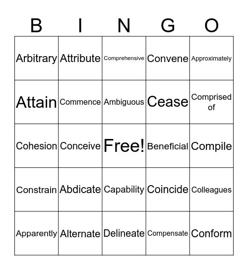 English 9 Academic Vocabulary Bingo Card