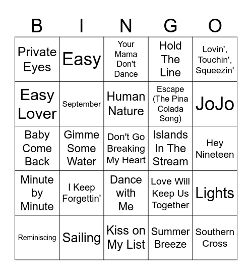 Yacht Rock Bingo Card