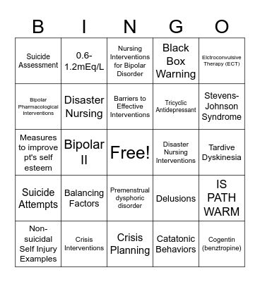 Crisis & Suicide Bingo Card