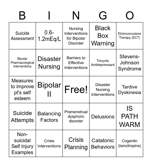 Crisis & Suicide Bingo Card