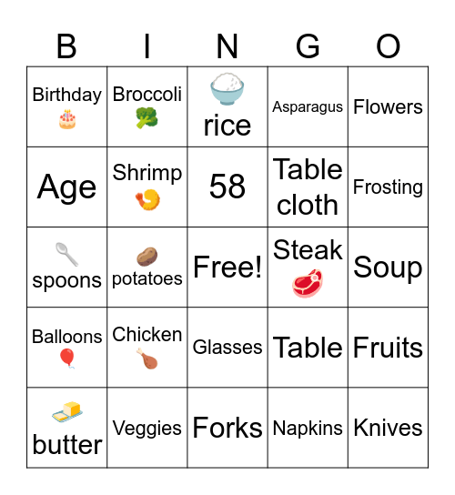 Dinner Party Bingo Card