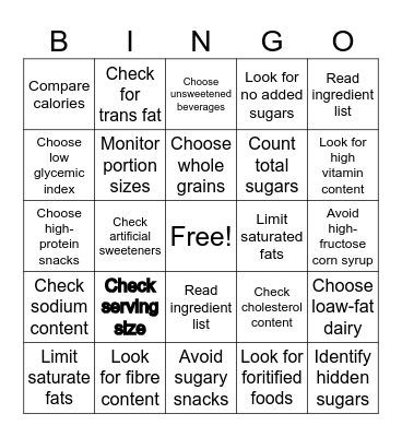 NUTRITION BINGO Card