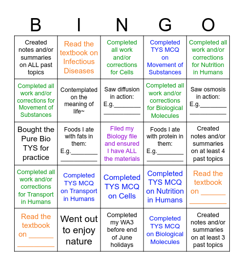 Sec 3 Biology June Revision Bingo Card