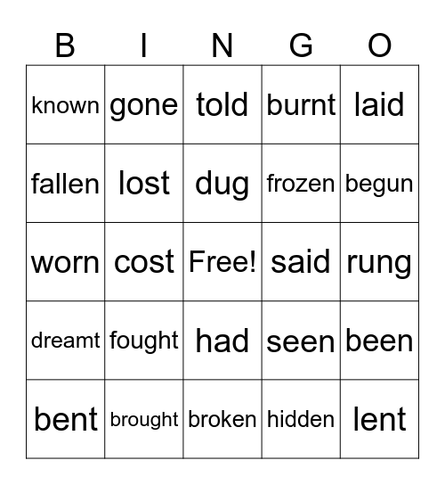 Past Participles Bingo Card