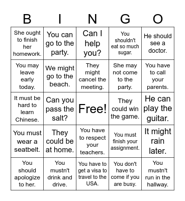 Modal Verbs for certainty Bingo Card