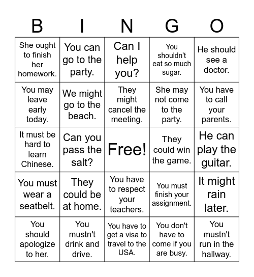 Modal Verbs for certainty Bingo Card