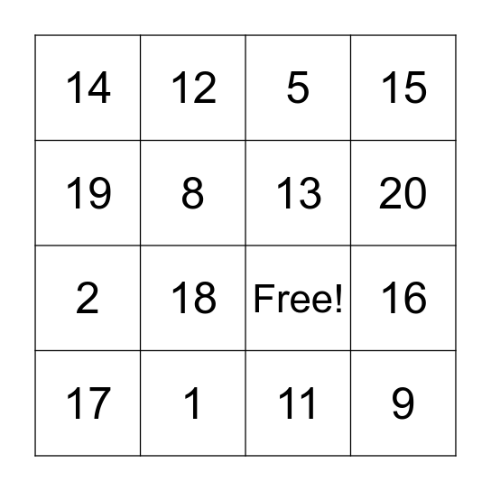 Number Bingo Card
