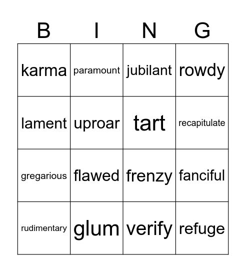 Vocabulary review Bingo Card