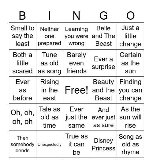 Beauty and the Beast Bingo Card