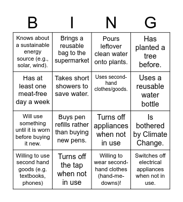 Human Bingo on Sustainability Bingo Card