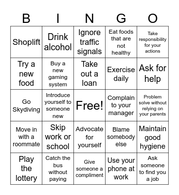 Risk Taking Bingo Card