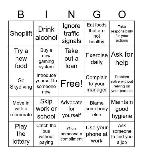 Risk Taking Bingo Card