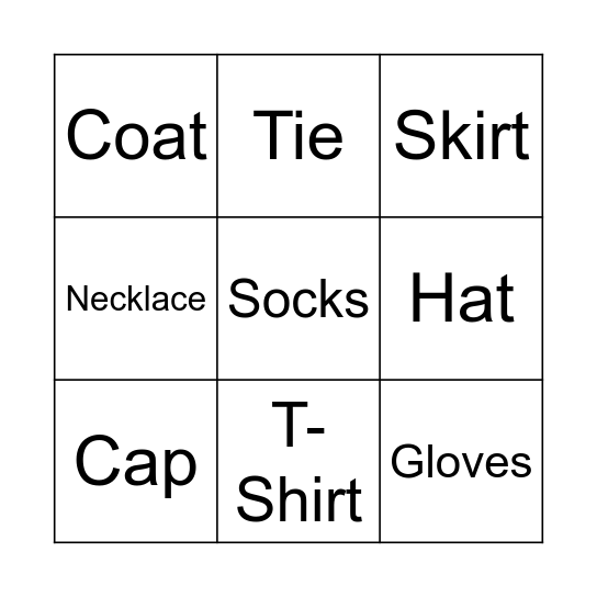 Clothing Bingo Card