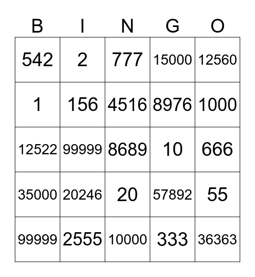 Number Bingo Card