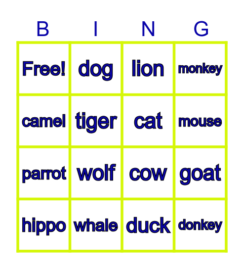 ANIMALS Bingo Card