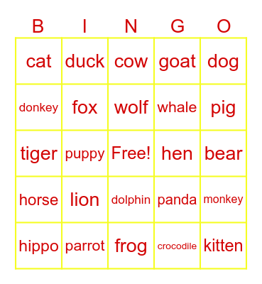 Animals Bingo Card