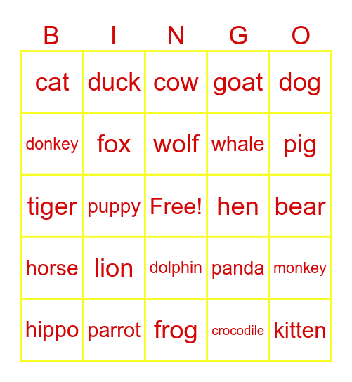 Animals Bingo Card