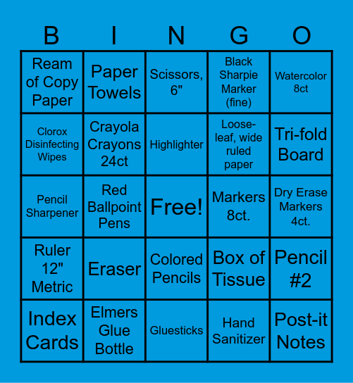 BACK to SCHOOL Supply Drive Bingo Card