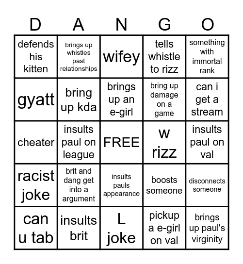 DANGO Bingo Card