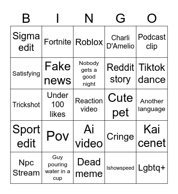 Tiktok Bingo Card