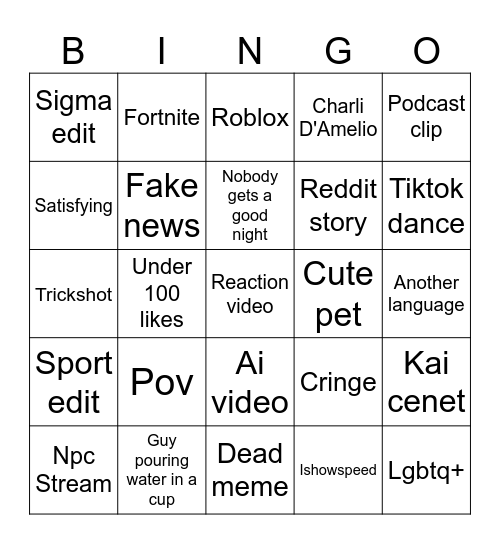 Tiktok Bingo Card