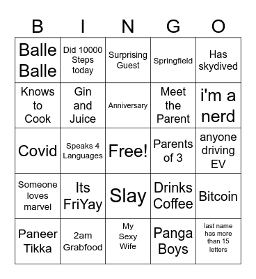 House Party Bingo Card