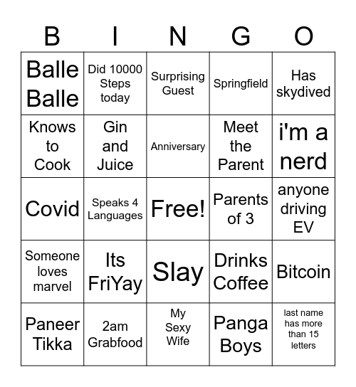 House Party Bingo Card