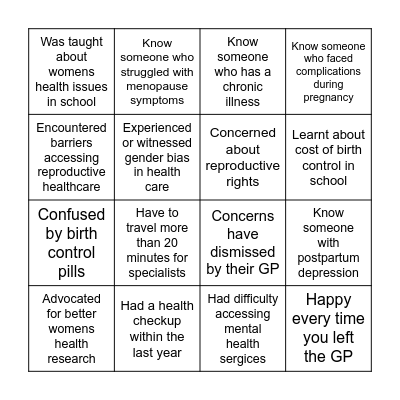 Womens Health- Bingo Card