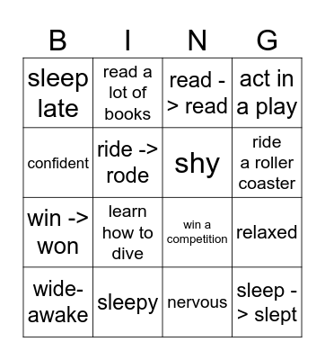 Activities and Feelings Bingo Card