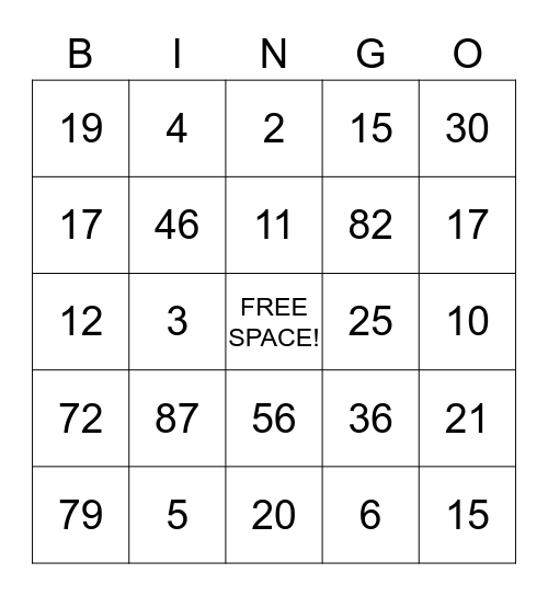 number bingo! Bingo Card