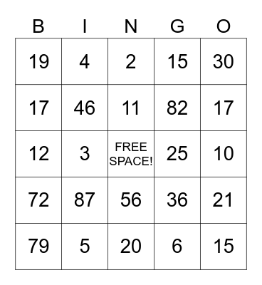number bingo! Bingo Card