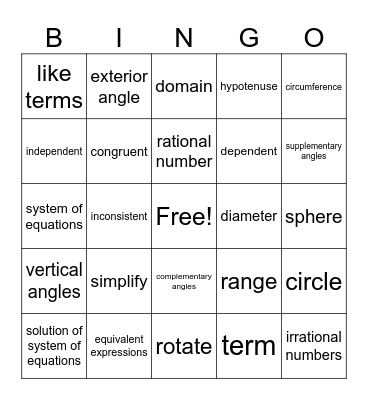 8th Grade Math Vocabulary Bingo Card