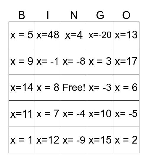 Solving Equations Bingo Card