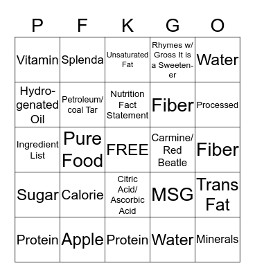 Pure Food Kids Bingo Card