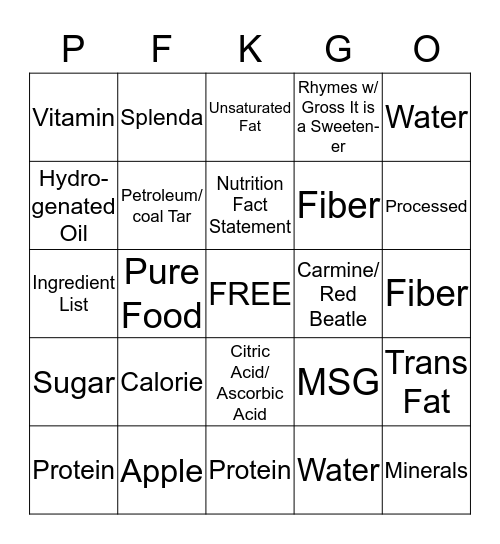 Pure Food Kids Bingo Card