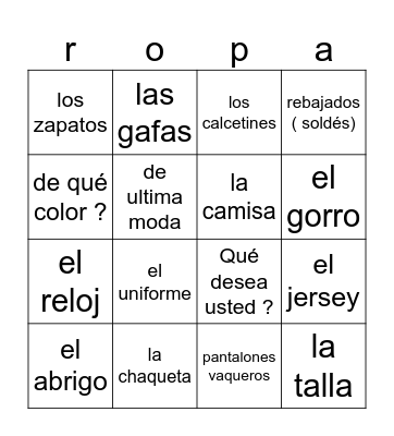Ropa Bingo Card