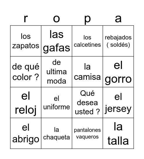 Ropa Bingo Card